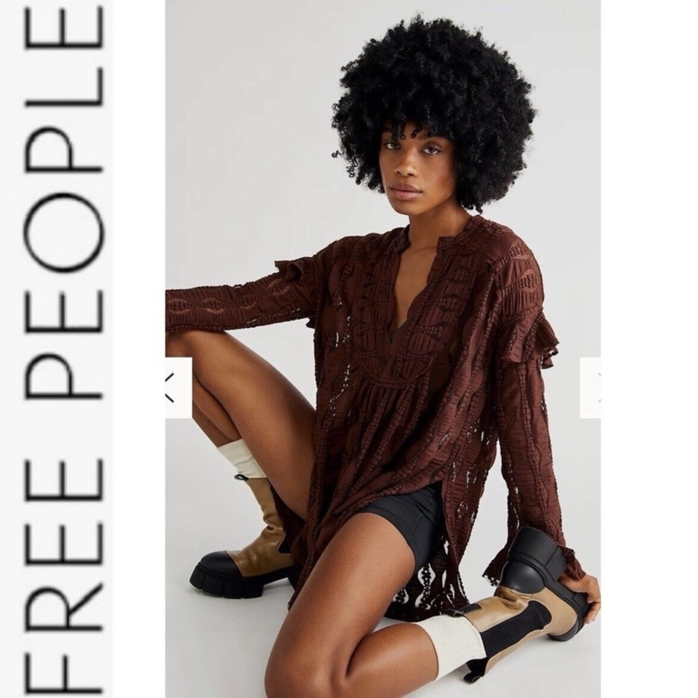 NWT Free People Candy Shop Brown Lace Tunic Top xs